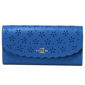 画像1: 【COACH】コーチ メタリックテクスチャードレザー フローラル カッティング パンチング 二つ折り スリム エンベロープ 長財布 スカイブルー×ミッドナイト（日本未発売）