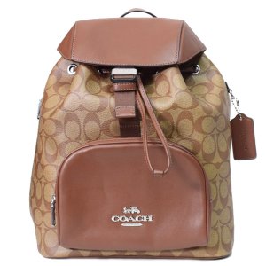 画像1: 【COACH】コーチ バックパック コーティングキャンバス レザー シグネチャー ペース ラージ サイドジッパー リュックサック バックパック カーキ×サドル〔日本未発売〕