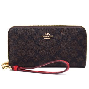 画像1: 【COACH】コーチ 長財布 コーティングキャンバス レザー シグネチャー リストレット ロング ジップ アラウンド 長財布 ウォルナッツ×ボルドーレッド（日本未発売）