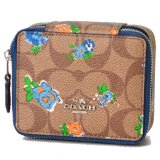 画像: 【COACH】コーチ コーティングキャンパス シグネチャー レザー フローラル 花柄 スクエア ファスナー ポーチ 小物入れ ジュエリーケース カーキ×ブルーマルチ（日本未発売）