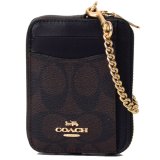 画像: 【COACH】コーチ コーティングキャンバス スムースレザー シグネチャー チェーン ロゴ ジップ カードケース カードポーチ 定期入れ 名刺入れ コインケース ブラウン×ブラック（日本未発売）