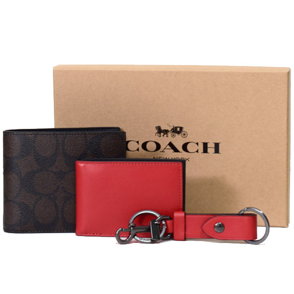 画像1: 【COACH】コーチ メンズ コーティングキャンバス カーフレザー シグネチャー 二つ折り財布+カードケース（定期入れ）+キーホルダー 豪華3点セット マホガニー×ブライトカーディナル（日本未発売） (1)