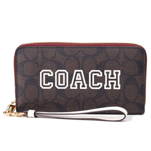 画像1: 【COACH】コーチ コーティングキャンバス レザー シグネチャー ヴァーシティ ロゴ リストレット ジップ アラウンド 長財布 ブラウン×チャークマルチ（日本未発売） (1)