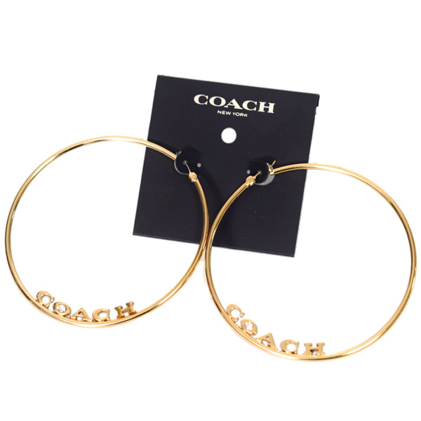 画像1: 【COACH】コーチ ピアス プレーテッドブラス ストーン ロゴ フープ ループ ラージ リング ブリッジ ピアス イアリング ゴールド〔日本未発売〕 (1)